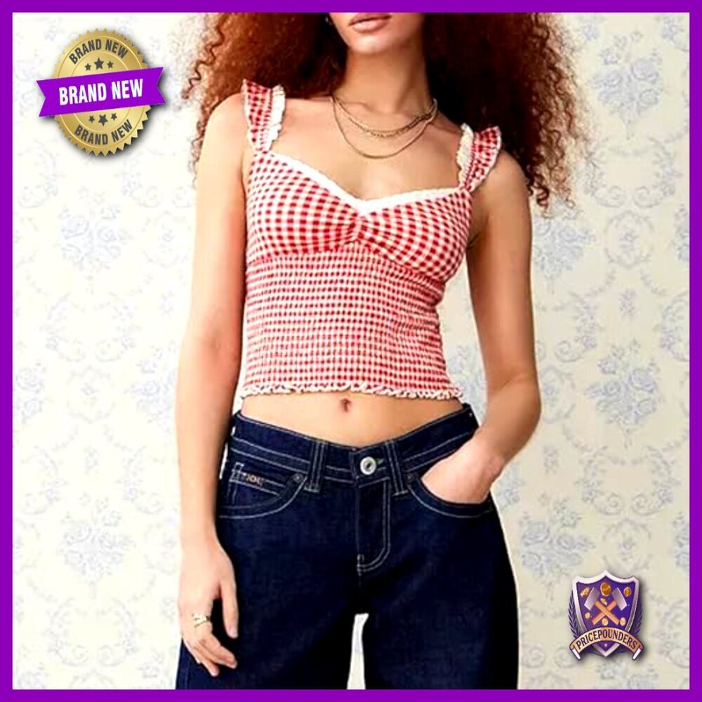 Gingham Crop Tank Top Vintage Y2K Backless Sleeveless Plaid Cami Summer - Picture 4 of 7